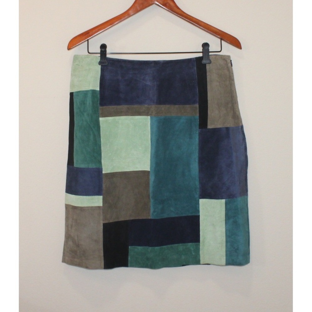 Alfani leather skirt Size 12 blue green patchwork suede colorblock knee length